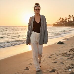 Wooden Ships PomPom Sleeve Cozy Gray Knit Cardigan Sweater M/L Coastal Grandpa